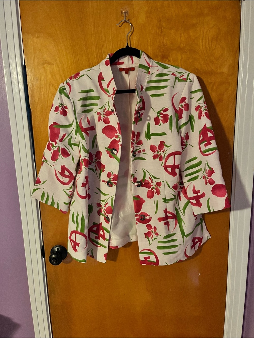 Vintage Joni B Women's Floral Open Front Jacket - White with Pink & Green